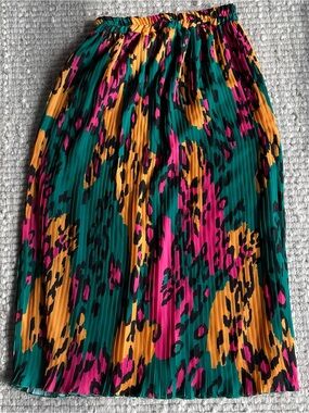 Love Pleated Animal Print Midi Skirt in Teal, Pink & Mustard